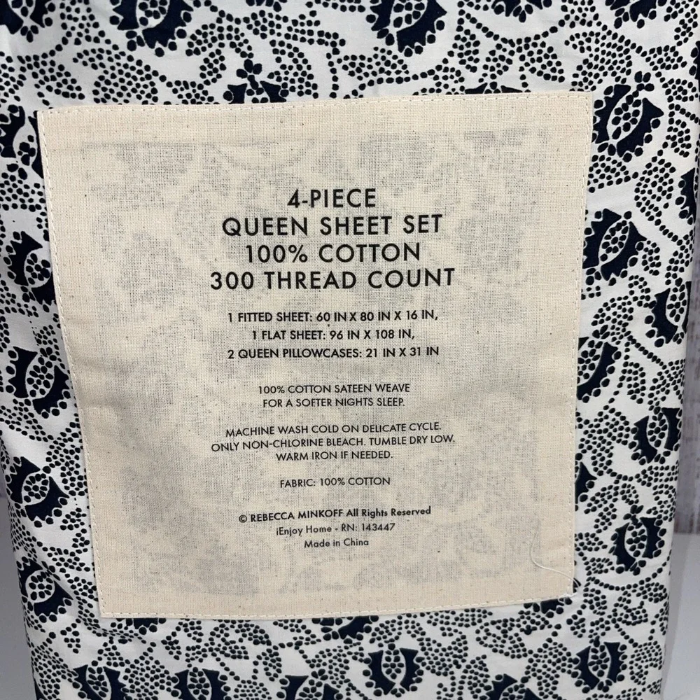 REBECCA MINKOFF Dark Navy Blue Bandanna100% COTTON Queen SHEET SET